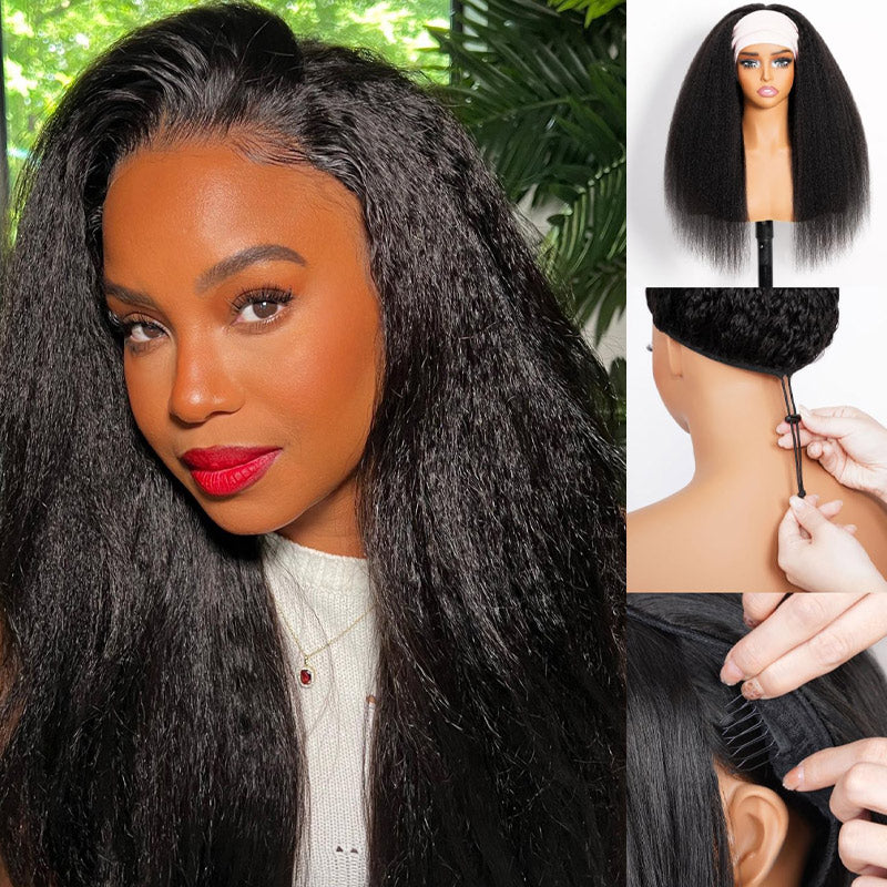 Kinky Straight Drawstring Half Wig Human Hair No Lace Glueless Wear Go Wig Drawstring Invisible Hairline-Elisahair