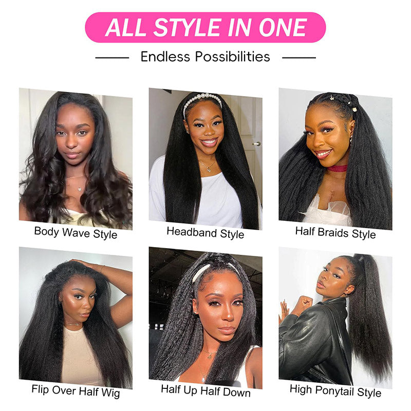Kinky Straight Drawstring Half Wig Human Hair No Lace Glueless Wear Go Wig Drawstring Invisible Hairline-Elisahair