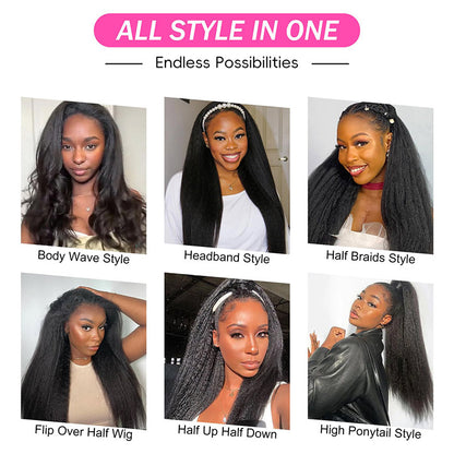 Kinky Straight Drawstring Half Wig Human Hair No Lace Glueless Wear Go Wig Drawstring Invisible Hairline-Elisahair